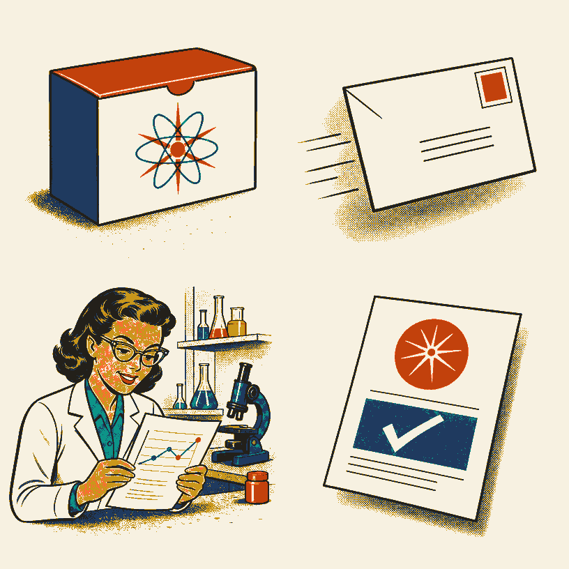 Four illustrated steps: a radon test kit, a mailing envelope, a lab scientist, and a results report